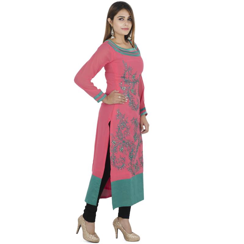 Pink embroidered cotton long kurtis