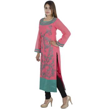 Pink embroidered cotton long kurtis 3
