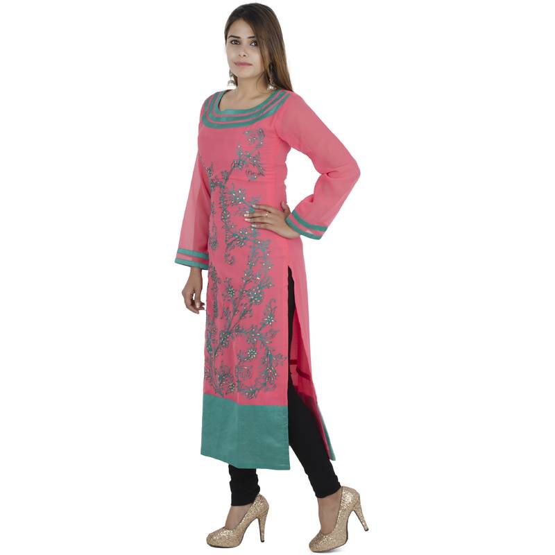 Pink embroidered cotton long kurtis