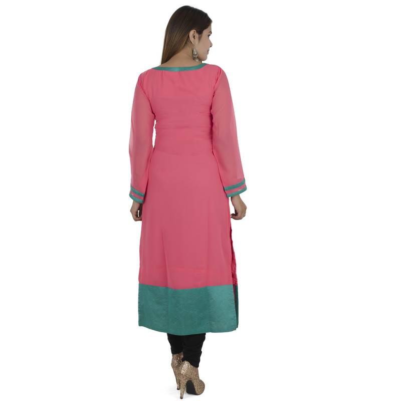 Pink embroidered cotton long kurtis