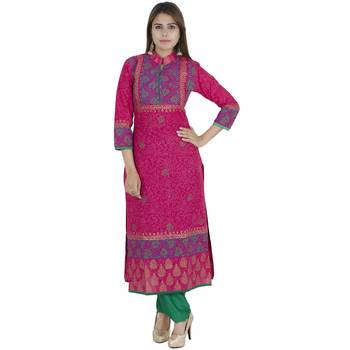 Pink printed cotton long kurtis 1
