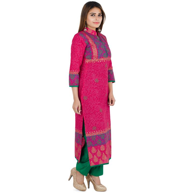 Pink printed cotton long kurtis