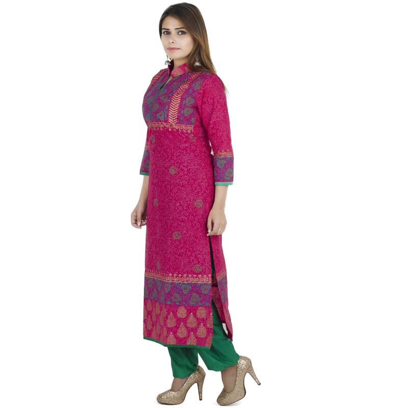 Pink printed cotton long kurtis