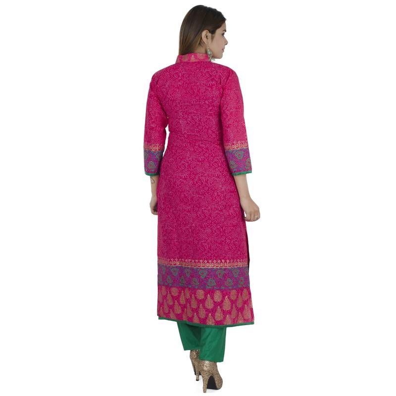 Pink printed cotton long kurtis