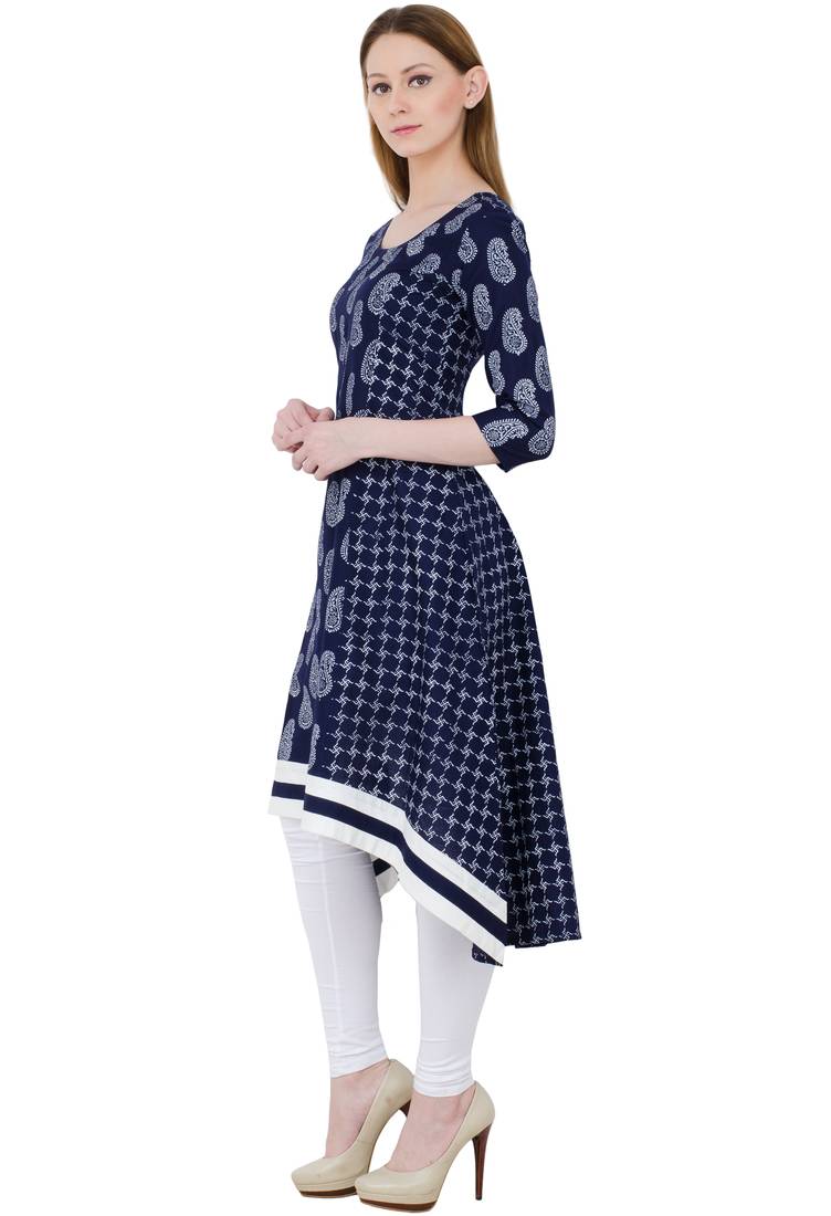 Blue printed cotton long kurtis