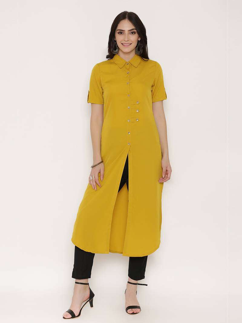 Mustard printed Polyester long kurtis