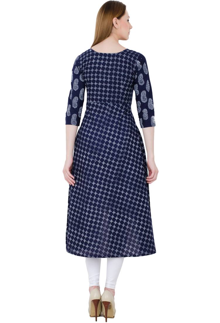 Blue printed cotton long kurtis