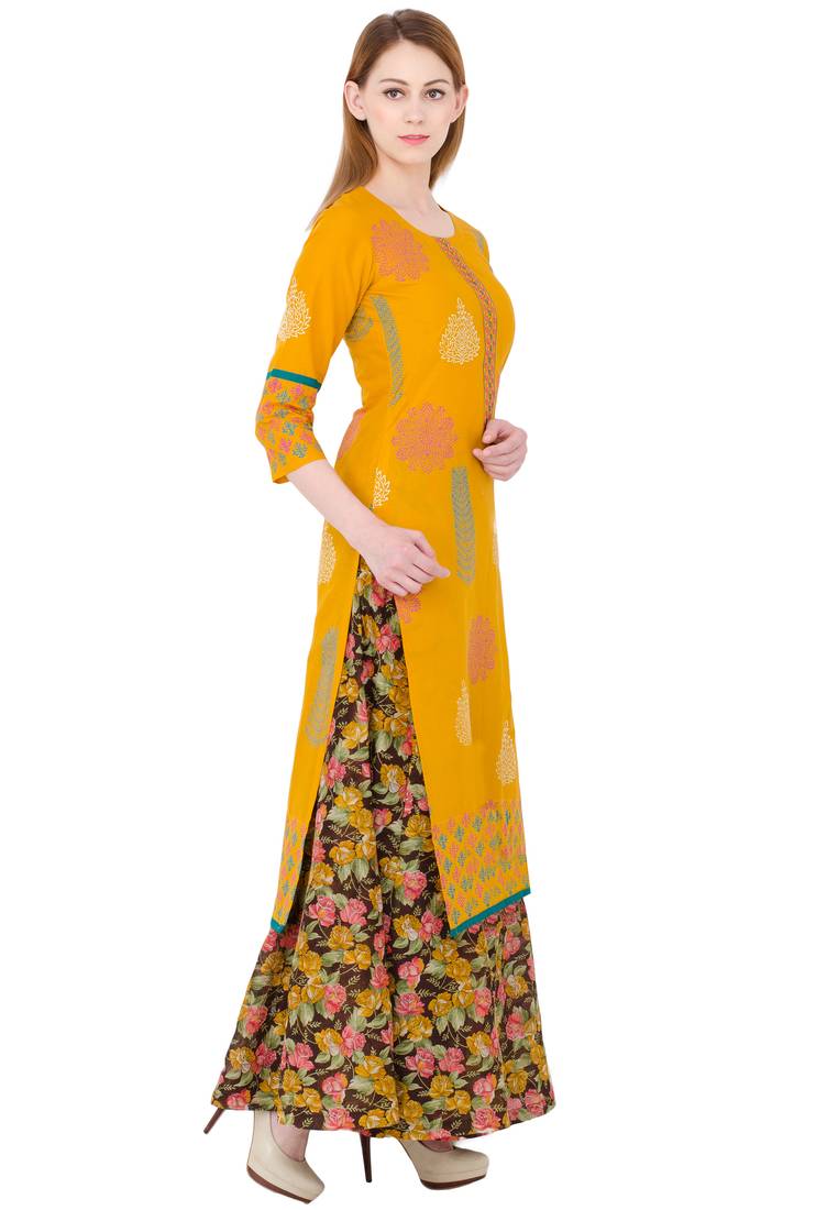 Mustard printed cotton long kurtis