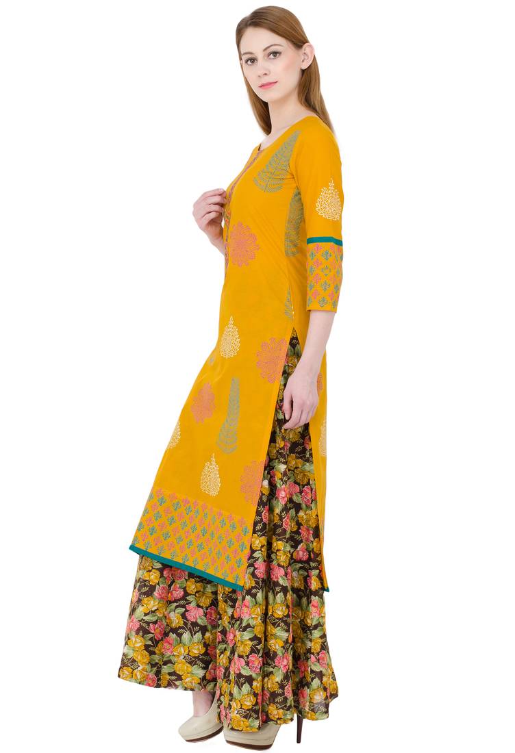 Mustard printed cotton long kurtis