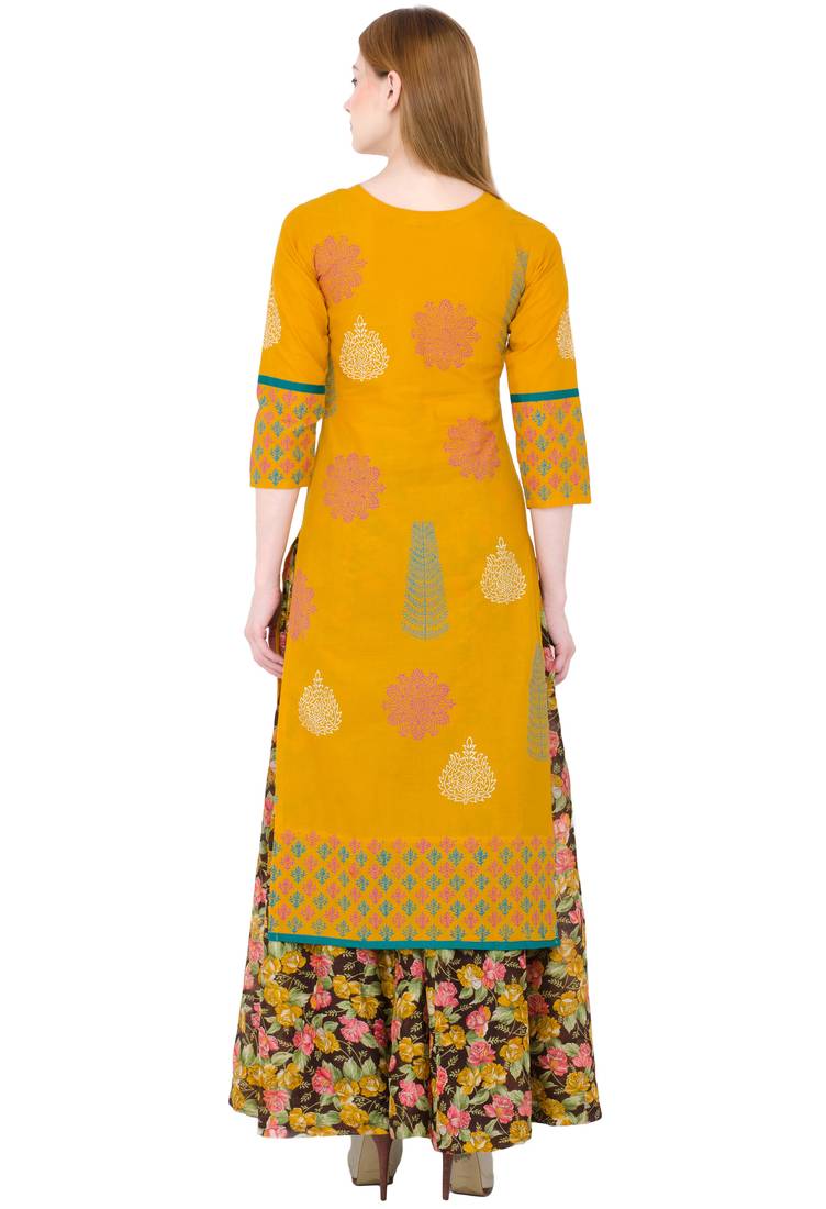 Mustard printed cotton long kurtis