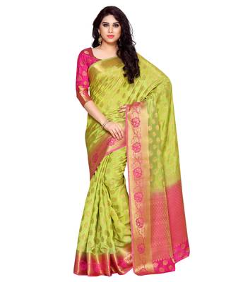 Mimosa Lime Green Art Silk Kanchipuram Style Saree With Blouse 1