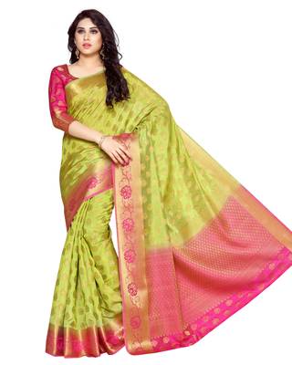 Mimosa Lime Green Art Silk Kanchipuram Style Saree With Blouse 2