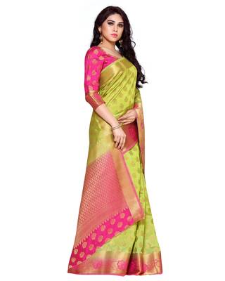 Mimosa Lime Green Art Silk Kanchipuram Style Saree With Blouse 3
