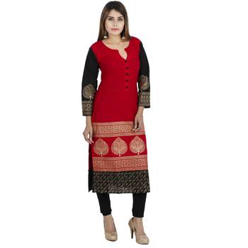 Red printed cotton long kurtis 1
