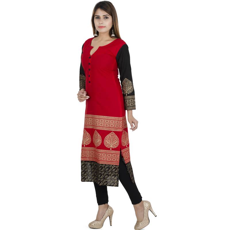 Red printed cotton long kurtis