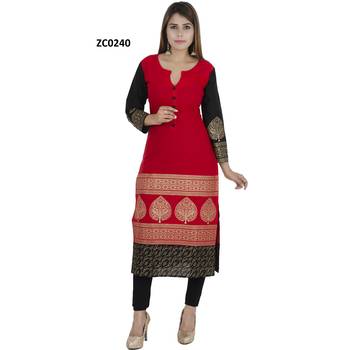 Red printed cotton long kurtis 3
