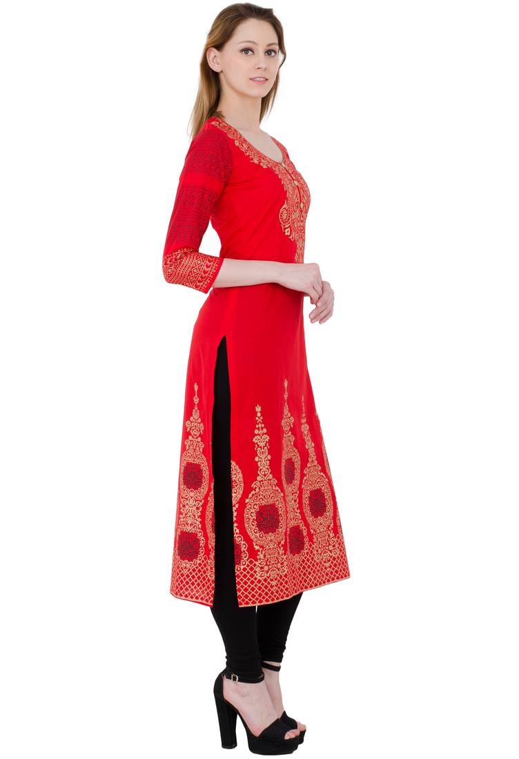 Pink printed cotton long kurtis