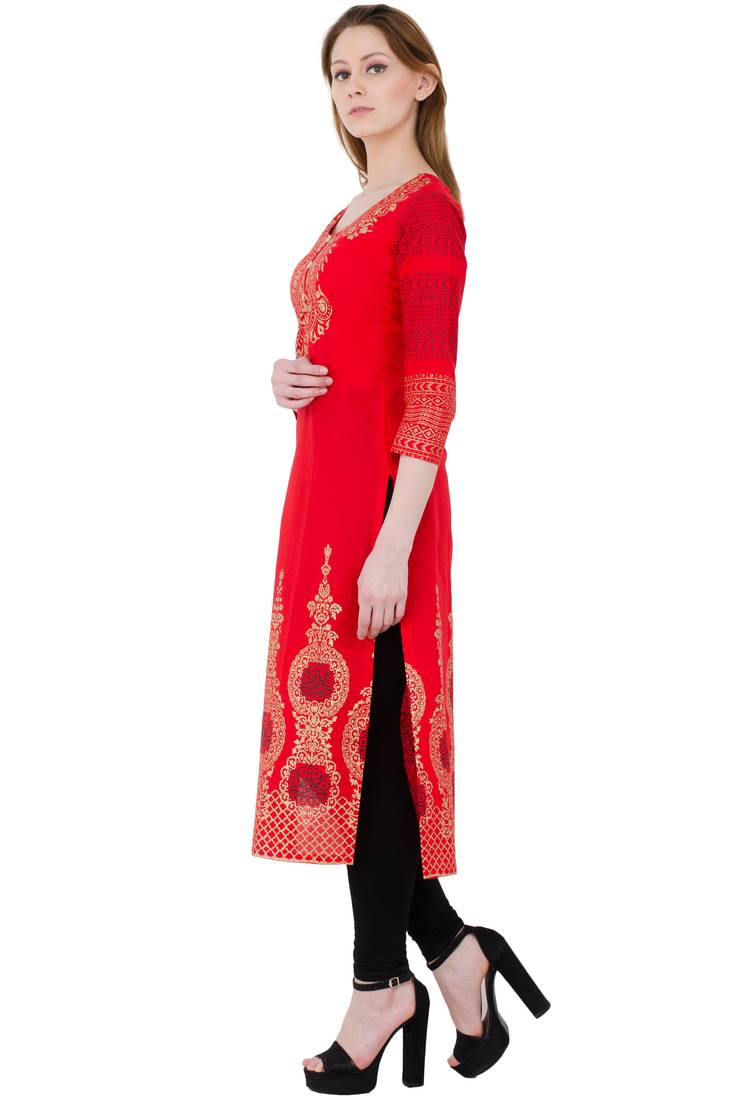 Pink printed cotton long kurtis