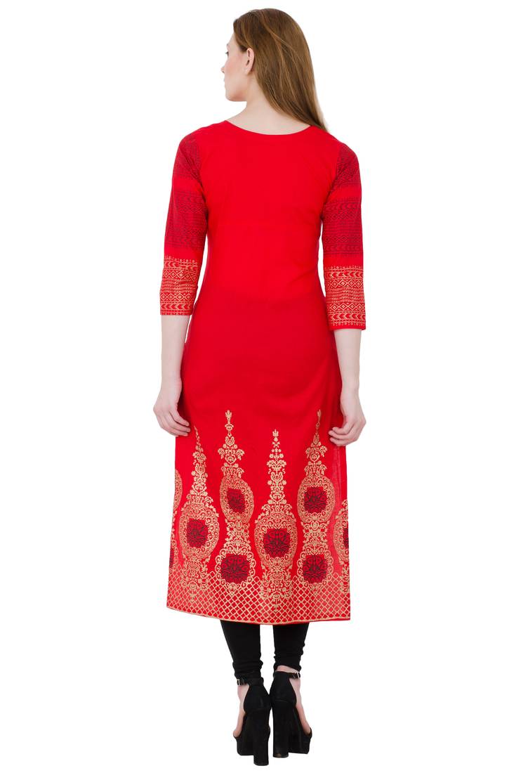 Pink printed cotton long kurtis