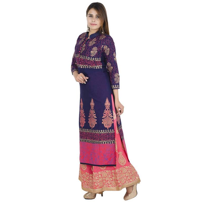 Blue printed cotton long kurtis