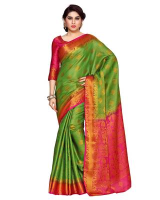 Mimosa Green Art Silk Kanchipuram Style Saree With Blouse 1