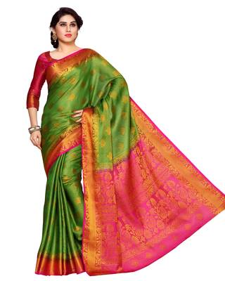 Mimosa Green Art Silk Kanchipuram Style Saree With Blouse 2