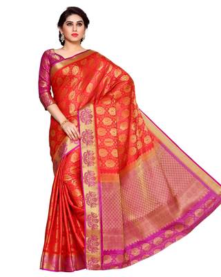 Mimosa Red Art Silk Kanchipuram Style Saree With Blouse 2