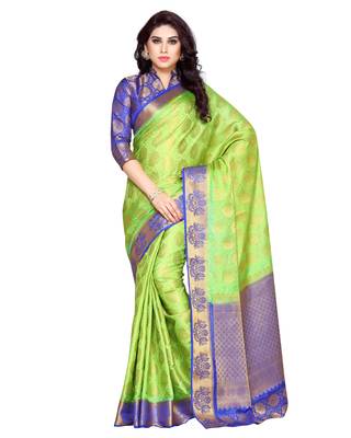 Mimosa Lime Green Art Silk Kanchipuram Style Saree With Blouse 1