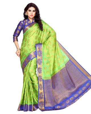 Mimosa Lime Green Art Silk Kanchipuram Style Saree With Blouse 2
