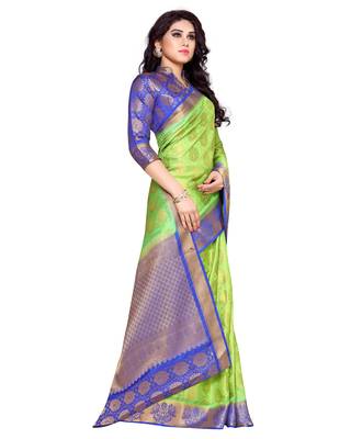 Mimosa Lime Green Art Silk Kanchipuram Style Saree With Blouse 3