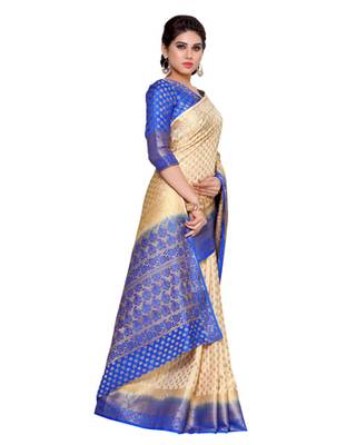 Mimosa Beige Art Silk Kanchipuram Style Saree With Blouse 3