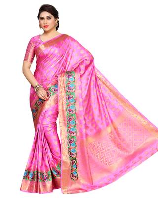 Mimosa Pink Art Silk Kanchipuram Style Saree With Blouse 2
