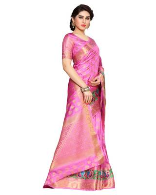 Mimosa Pink Art Silk Kanchipuram Style Saree With Blouse 3