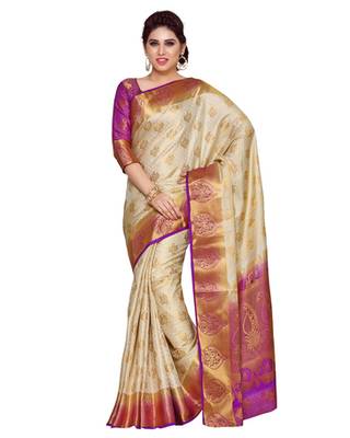 Mimosa Beige Art Silk Kanchipuram Style Saree With Blouse 1