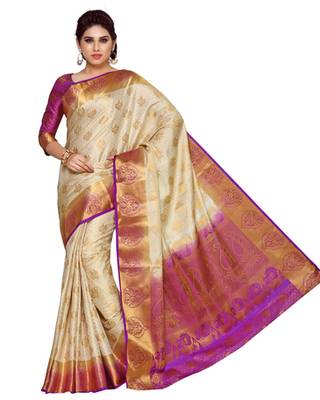 Mimosa Beige Art Silk Kanchipuram Style Saree With Blouse 2