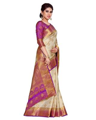 Mimosa Beige Art Silk Kanchipuram Style Saree With Blouse 3