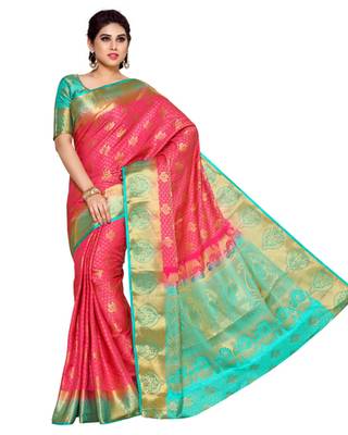 Mimosa Pink Art Silk Kanchipuram Style Saree With Blouse 2