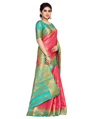 Mimosa Pink Art Silk Kanchipuram Style Saree With Blouse 3