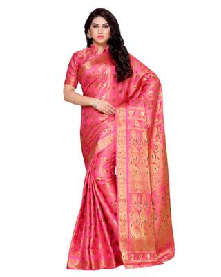 Mimosa Pink Art Silk Kanchipuram Style Saree With Blouse 1