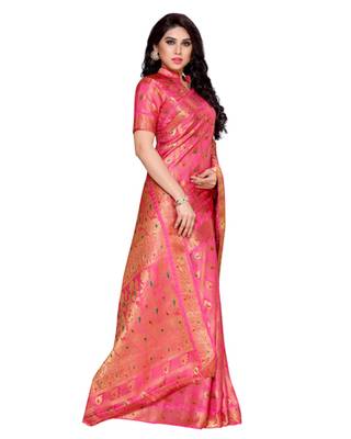 Mimosa Pink Art Silk Kanchipuram Style Saree With Blouse 3