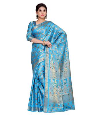 Mimosa Blue Art Silk Kanchipuram Style Saree With Blouse 1