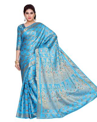Mimosa Blue Art Silk Kanchipuram Style Saree With Blouse 2