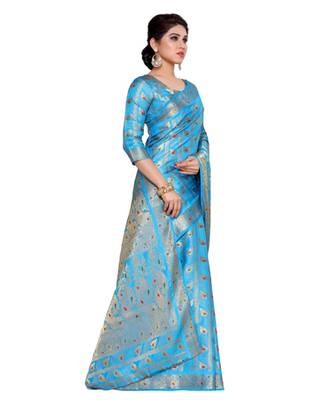 Mimosa Blue Art Silk Kanchipuram Style Saree With Blouse 3