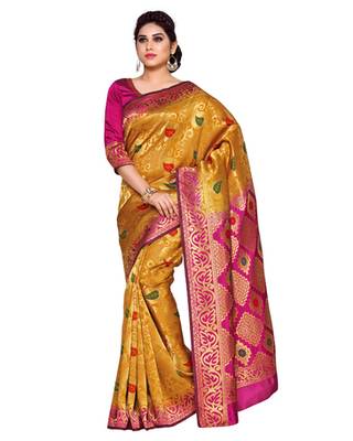 Mimosa Orange Art Silk Kanchipuram Style Saree With Blouse 1