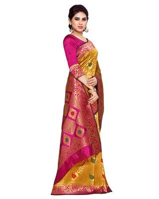 Mimosa Orange Art Silk Kanchipuram Style Saree With Blouse 3
