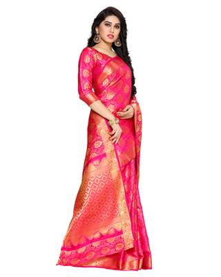 Mimosa Pink Art Silk Kanchipuram Style Saree With Blouse 3