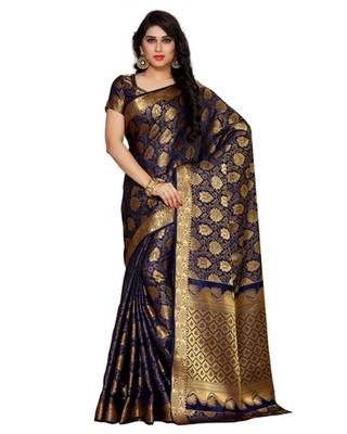 Mimosa Navy Blue Art Silk Kanchipuram Style Saree With Blouse 1