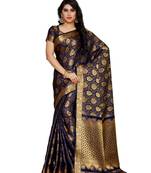 Mimosa Navy Blue Art Silk Kanchipuram Style Saree With Blouse