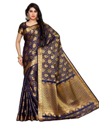 Mimosa Navy Blue Art Silk Kanchipuram Style Saree With Blouse 2