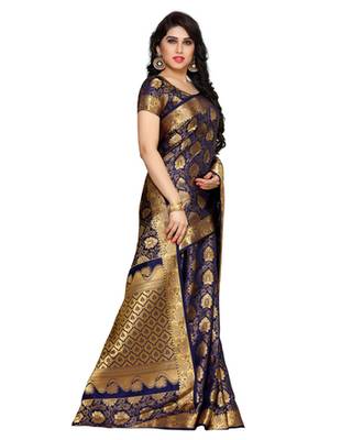 Mimosa Navy Blue Art Silk Kanchipuram Style Saree With Blouse 3
